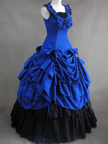 Image of Carnevale Vestito da Lolita blu classico tradizionale in cotone con maniche corte e collo squadrato Halloween