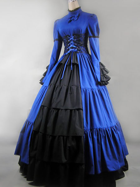 Milanoo Victorian Dress Costume Blue Satin Ruffle Long Sleeves High Collar For Women's Victorian era