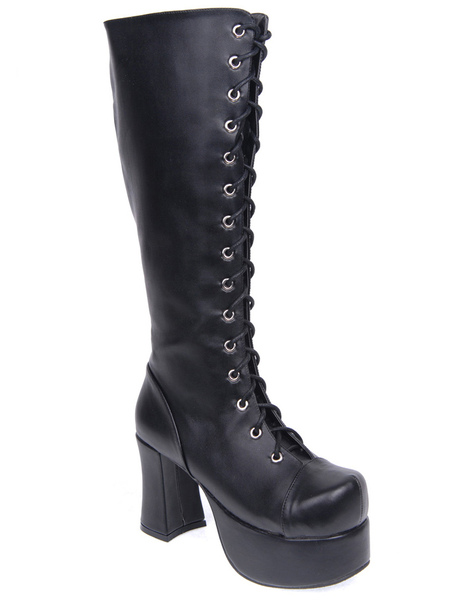 Image of Pelle di alta qualità nero rotondo Toe High (3-3 9 ) Lolita Boots