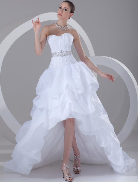 milanoo.com White Wedding Dress Strapless High Low Bridal Dress Rhinestones Beading Ruched Sweetheart Neckline Wedding Gown