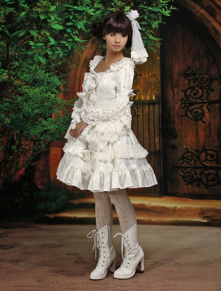 Pure White Lolita One-piece Dress Long Hime Sleeves Lace Trim Bows