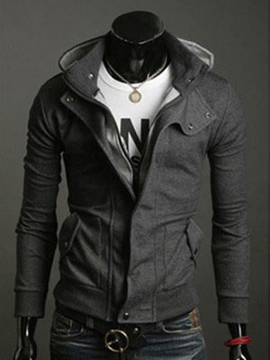 Image of Hoodie For Men Terry Turndown Collar Long Sleeve Pocket Deep Gray Casual Sweater