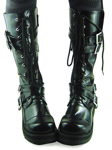 Milanoo Gothic Black Lolita Boots Chunky Heels Shoelace Straps Buckles