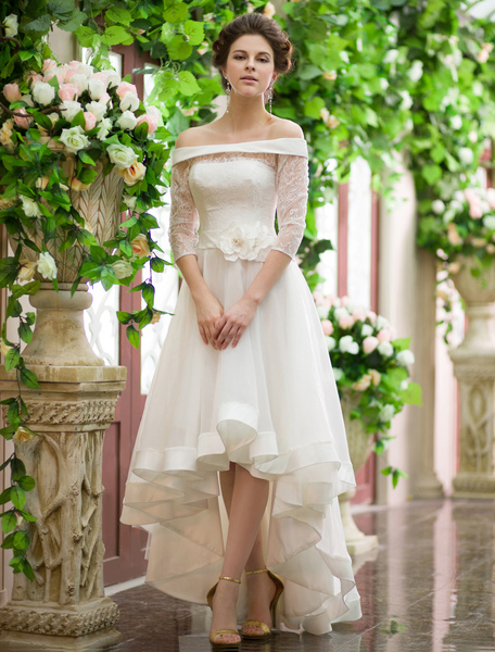 milanoo.com Wedding Dresses High Low Off The Shoulder Bridal Dress Organza Half Sleeve Flower Sash Bridal Gown Milanoo