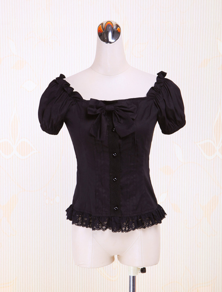 Milanoo Cotton Black Puff Sleeves Lolita Blouse