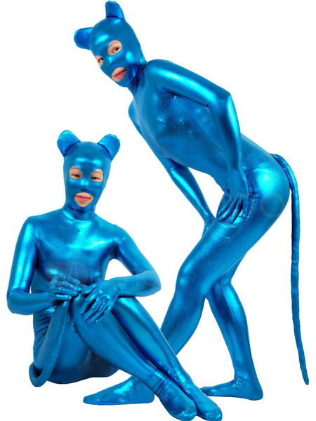 Milanoo Halloween Blue Sexy Catwoman Shiny Metallic Catsuit