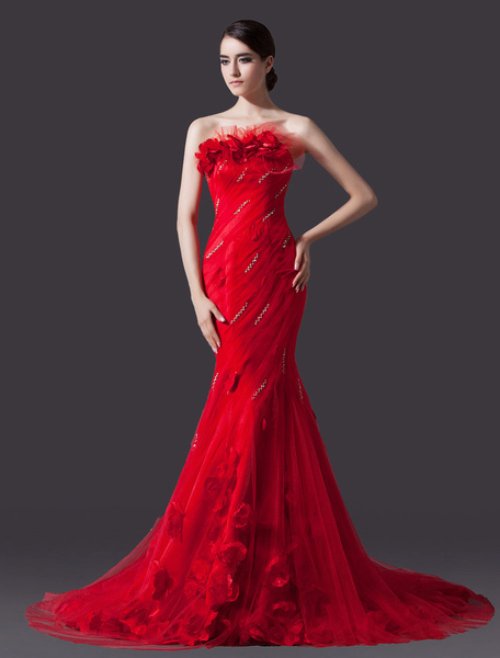 

Red Mermaid Strapless Flower Court Train Bridal Wedding Gown, Ruby