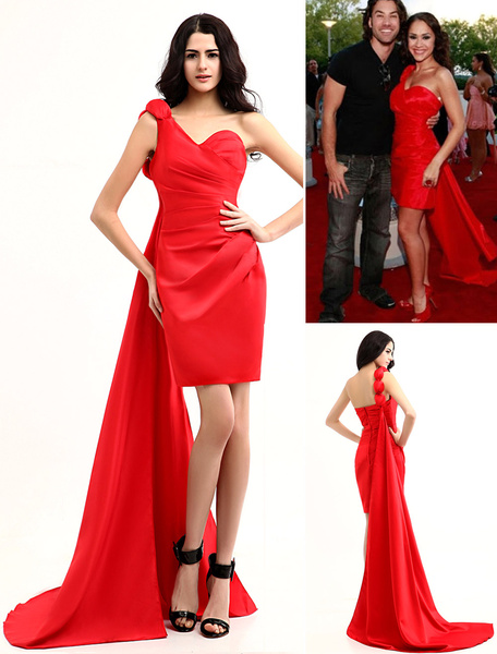Attractive Red Satin One Shoulder Train Oscar Dress