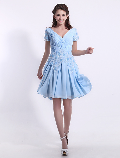 

Chiffon Bridesmaid Dress Baby Blue Lace Applique Cocktail Dress V Neck Short Sleeve A Line Pleated
