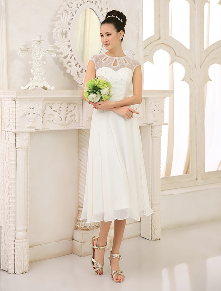 Milanoo Ivory Simple Wedding Dress Beaded Chiffon Beach Tea Length Wedding Dress