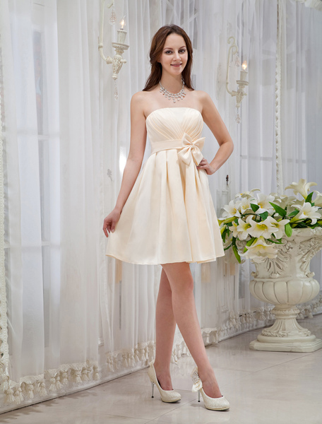 

Gold Champagne Bow Knee Length Strapless Satin Bridesmaid Dress