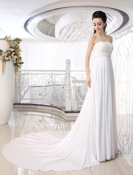 Milanoo  A-Linie-Brautkleid aus Chiffon mit trägerlosem Design und Perlen-Applikation und Schleppe i