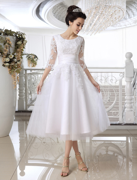 Milanoo Lace Wedding Dress Illusion Half Sleeve Tea Length Bridal Dress