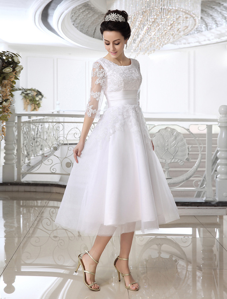 Milanoo Lace Wedding Dress Illusion Half Sleeve Tea Length Bridal Dress
