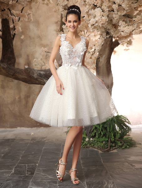 Milanoo Ivory Short Bridal Dress Backless Lace Sweetheart Neckline Tulle Sequins Wedding Dress