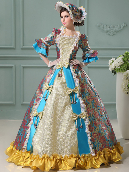 Milanoo Victorian Dress Costume Women's Floral Rococo Ball Gown Blue Women's Ruffle Bows Jacquard Ma