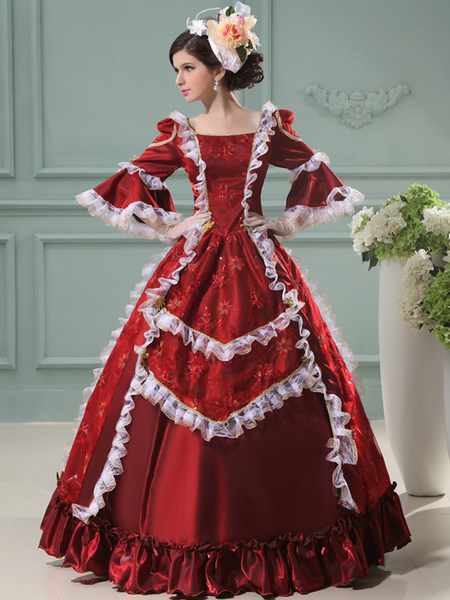 Milanoo Victorian Dress Costume Women's Rococo Ball Gowns Red Ruffle Half Sleeves Royal Princess Ret