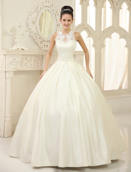Milanoo Ivory Ball Gown Jewel Neckline Bow Floor Length Satin Bridal Wedding Dress