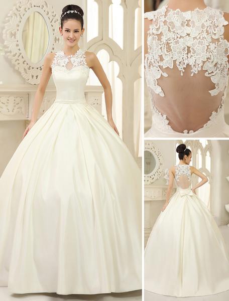 Milanoo Ivory Ball Gown Jewel Neckline Bow Floor Length Satin Bridal Wedding Dress