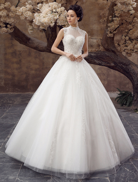 Milanoo Bridal Ball Gown Dress Lace Up High Collar Sequins Floor Length Wedding Dress