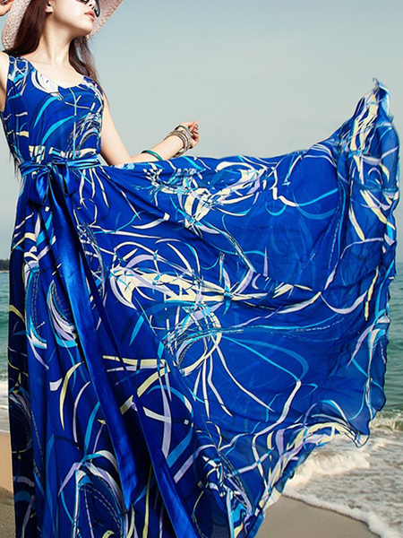 Hübsches Kleid aus Chiffon mit Rundkragen und Gürtel in Blau от Milanoo WW