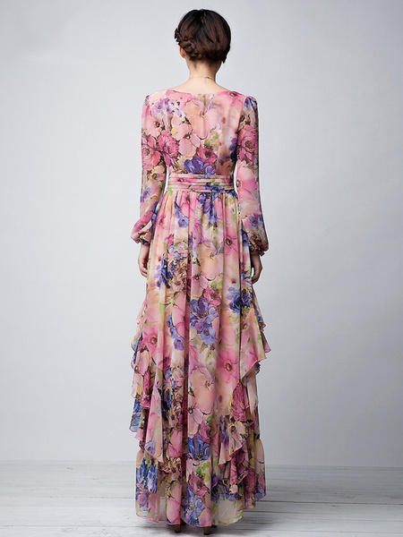 Schickes langes Kleid aus Chiffon mit Rundkragen und Printmuster in Rosa от Milanoo WW