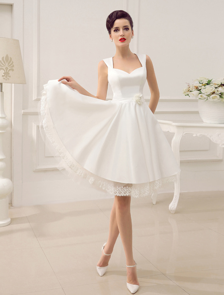 Milanoo Short Wedding Dress Satin 1950S Vintage Sweetheart Neckline Applique Bridal Dress