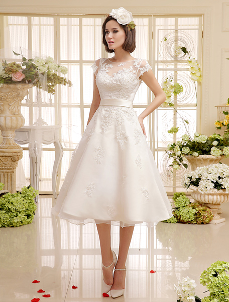 Milanoo Short Wedding Dress Ivory Lace Up Vintage A Line Tea Length Bridal Dress