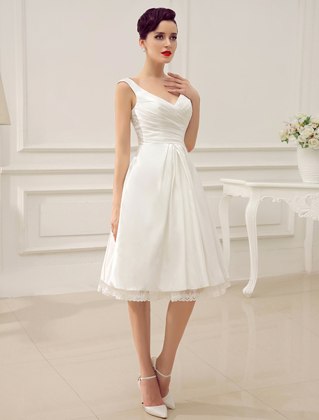 Milanoo Simple Wedding Dress Ivory Tea Length Backless Pleated Satin Lace Up Bridal Dress
