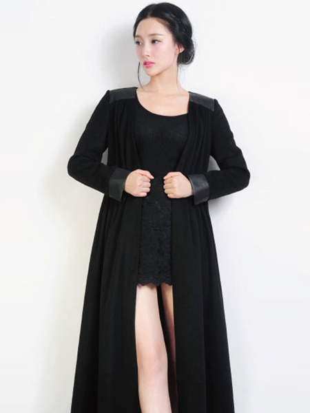 Milanoo Black Wool V-Neck Sash Long Sleeves Solid Color Charming Woman's Outerwear от Milanoo WW