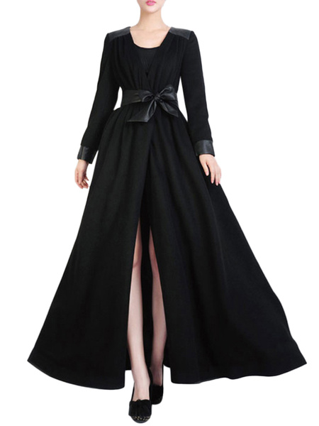 Milanoo Black Wool V-Neck Sash Long Sleeves Solid Color Charming Woman's Outerwear от Milanoo WW