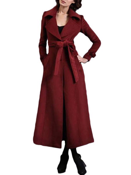 Milanoo Wool Turndown Collar Sash Long Sleeves Solid Color Charming Woman's Coat