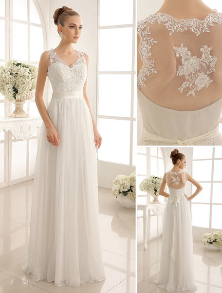 Milanoo Ivory Wedding Dress Lace Sash Bow Sequins Sleeveless A Line Bridal Gown