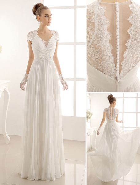Milanoo A Line Wedding Dress Chiffon Sash Lace Beaded V Neckline Short Sleeve Bridal Dress