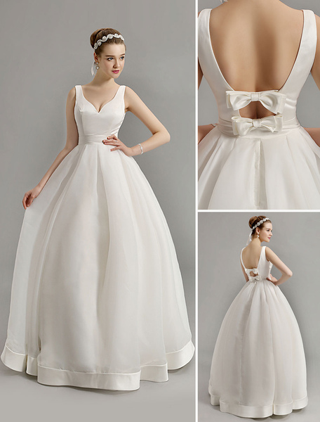 Milanoo Vintage Wedding Dress V Neckline Bow Embellished Cut Out Back Satin Organza Bridal Gown