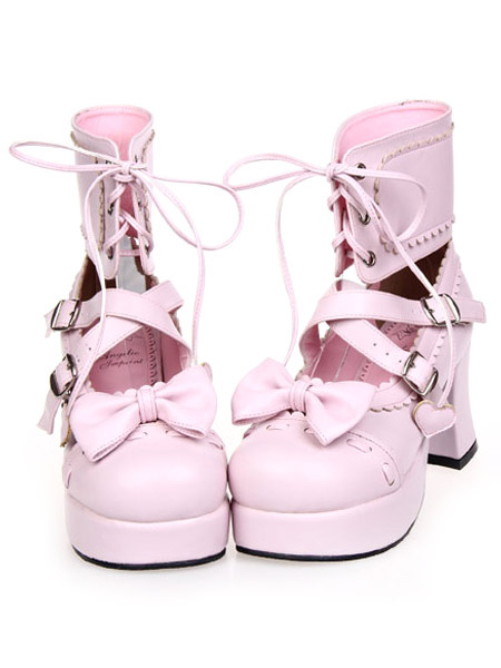Image of Lacci fiocco rosa Leather piattaforma rotonda Toe Shoes Lolita