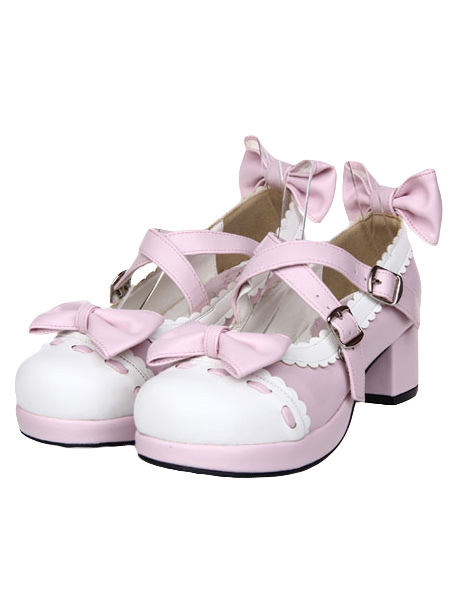 Milanoo Sweet Square Heels Lolita Shoes Bow Decor White Trim Round Toe