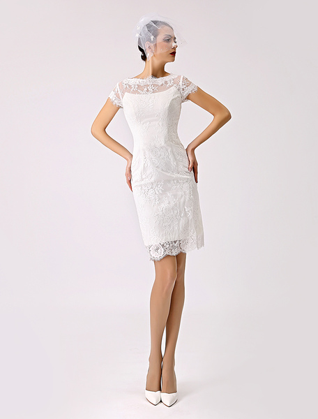 Milanoo Short Simple Wedding Dress Lace Illusion Short Sleeve Sheath Reception Dress For Bride