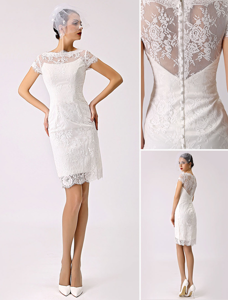 Milanoo Short Simple Wedding Dress Lace Illusion Short Sleeve Sheath Reception Dress For Bride