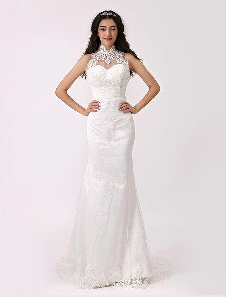 Milanoo Halter Neckline Column Illusion Lace Wedding Dress With Brush Train