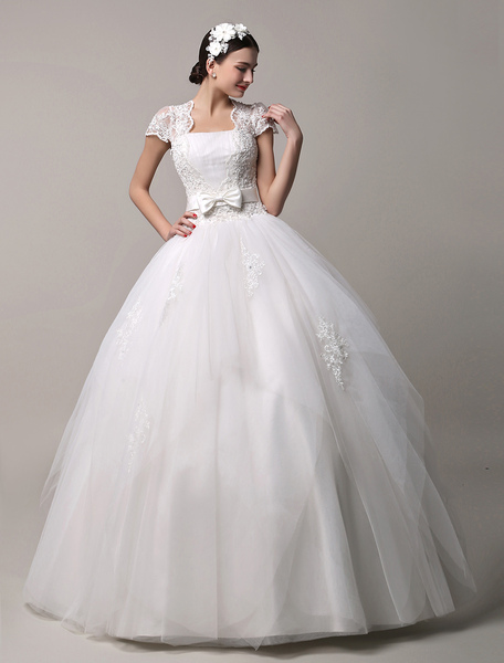 Milanoo Lace Bow Beaded Short Sleeve Princess Bridal Wedding Dress