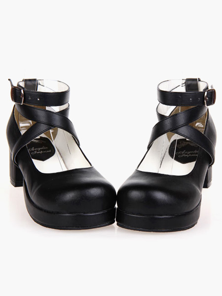 Image of Quadrato nero Lolita tacchi piattaforma caviglia cinghie tacco scarpe Lolita