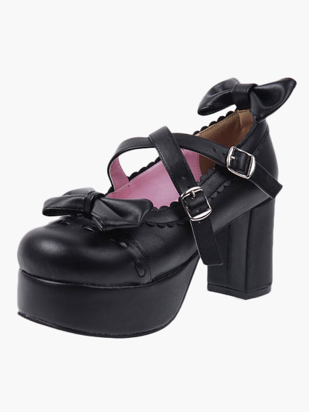 Image of Nero Lolita HeelsPU piattaforma incrociato tacco scarpe Lolita