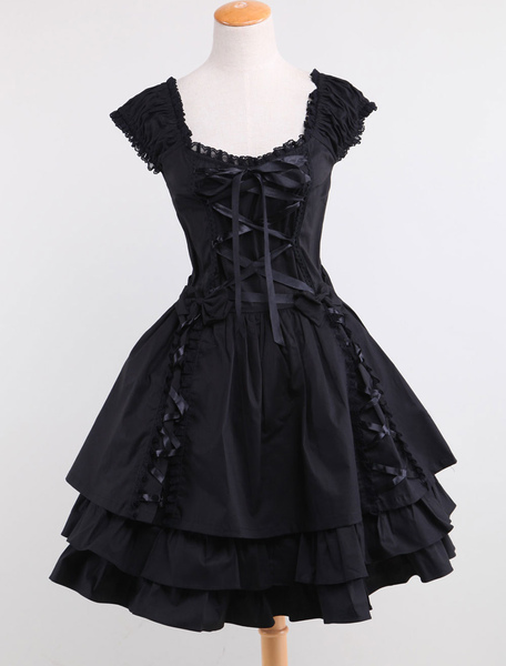 Image of Gothic Lolita Dress OP Black Square Neck manica corta Ruffle Tiered Lolita One Piece Dress