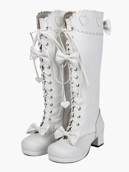 Milanoo Sweet Matte White Lolita Boots Chunky Square Heels Bows Decor Shoelace