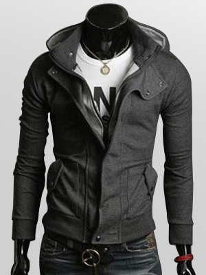 Image of Men Jacket Cool Black Spring Jacket Hooded Long Sleeve Short Jacket