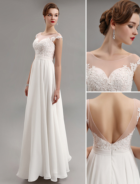 Milanoo White Prom Dresses 2021 Long Ivory Backless Party Dress Chiffon Illusion Neck Floor Length E