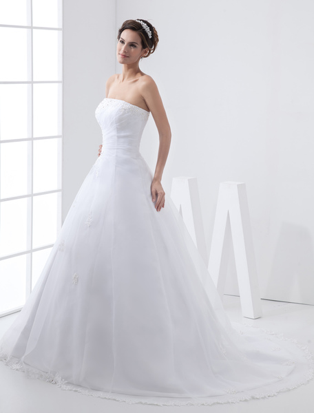 Milanoo White Satin Wedding Dress Lace Strapless Beading Bridal Dress With Court Train