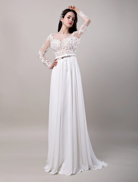 Milanoo A Line Boho Beach Wedding Dress Chiffon Long Sleeves Backless Lace Bridal Gown With Court Tr