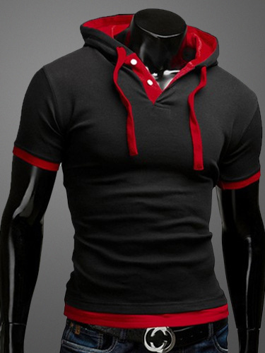 Image of Black Men T Shirt Hooded Color Block Drawstring Casual Tee Top